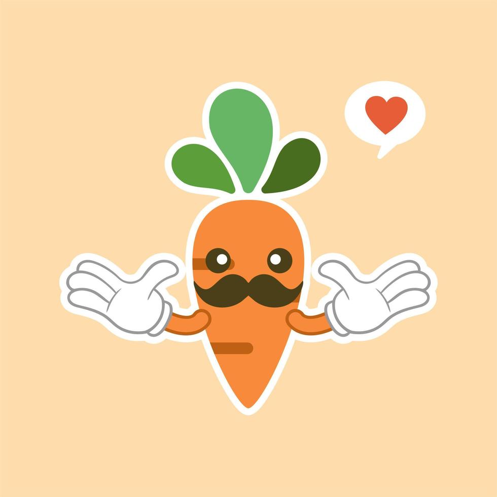 Cute and kawaii carrot cartoon character. Vector isolated image of a carrot, healthy vegetable, plant, tops, root. Sweet face mascot. Image for poster, postcard, fabric print, childrens clothes