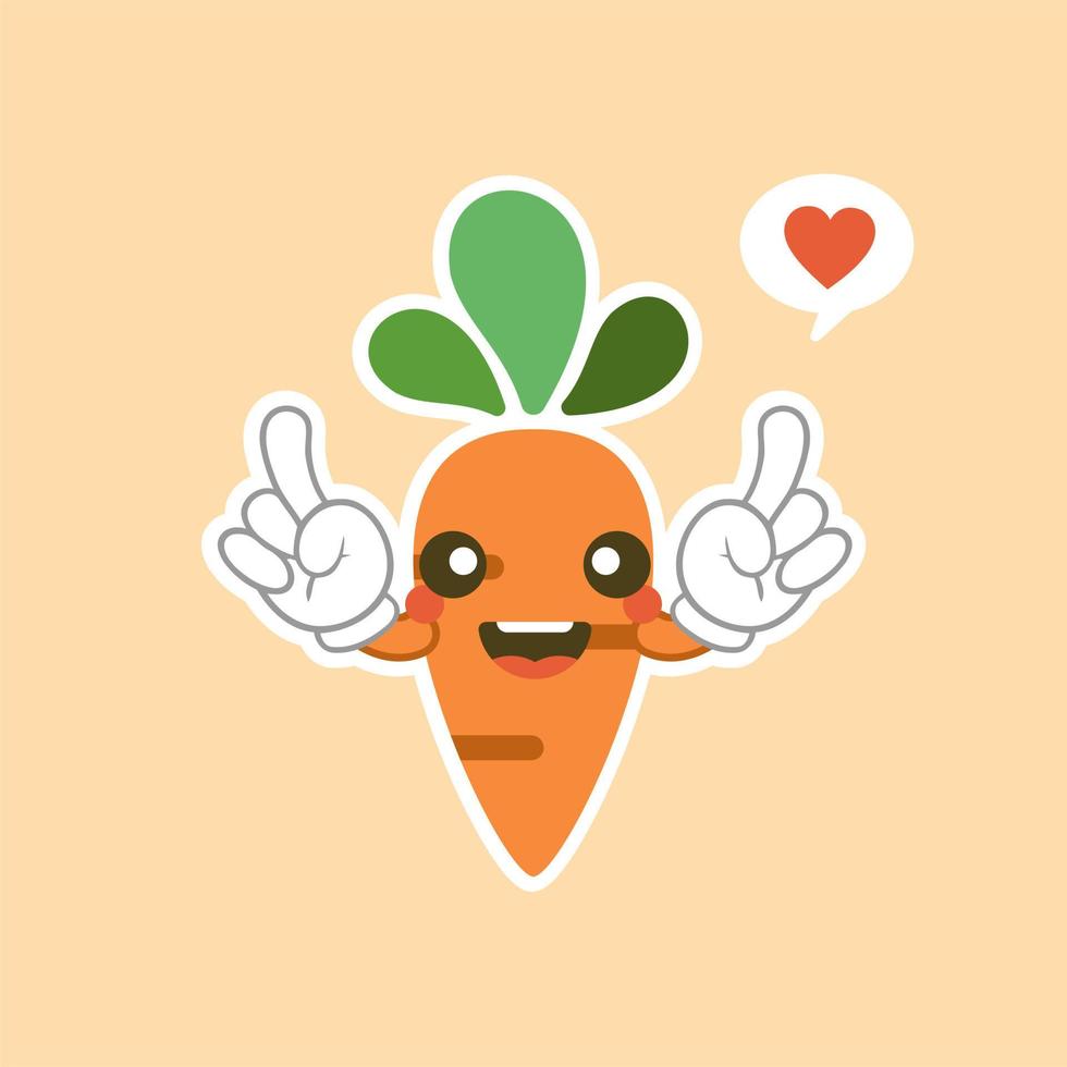 Cute and kawaii carrot cartoon character. Vector isolated image of a carrot, healthy vegetable, plant, tops, root. Sweet face mascot. Image for poster, postcard, fabric print, childrens clothes