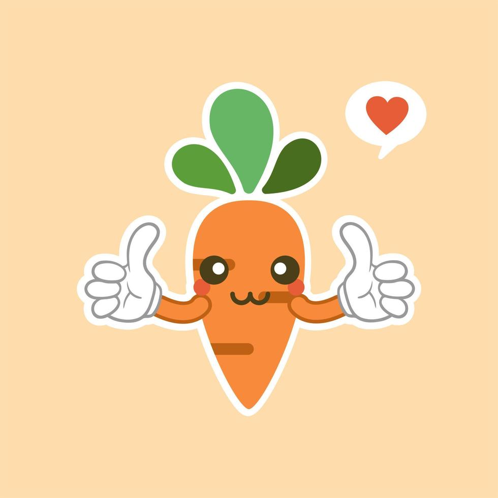 Cute and kawaii carrot cartoon character. Vector isolated image of a carrot, healthy vegetable, plant, tops, root. Sweet face mascot. Image for poster, postcard, fabric print, childrens clothes