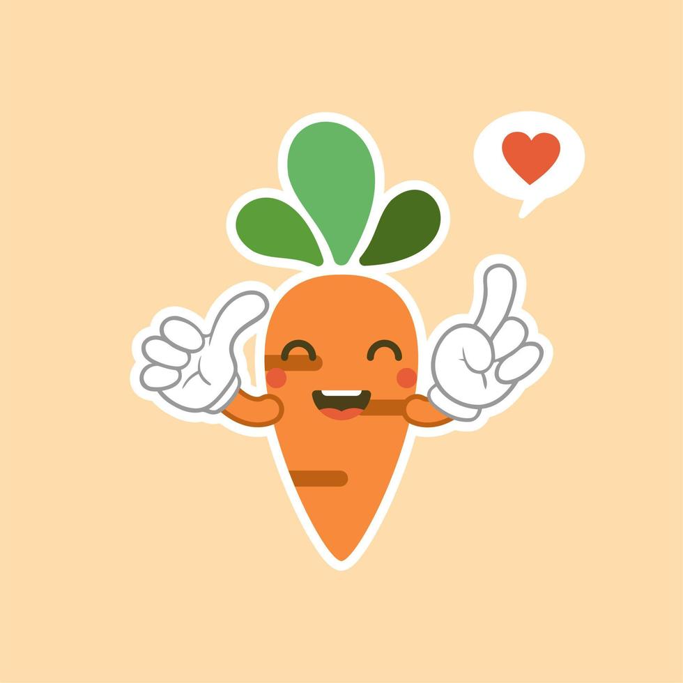 Cute and kawaii carrot cartoon character. Vector isolated image of a carrot, healthy vegetable, plant, tops, root. Sweet face mascot. Image for poster, postcard, fabric print, childrens clothes