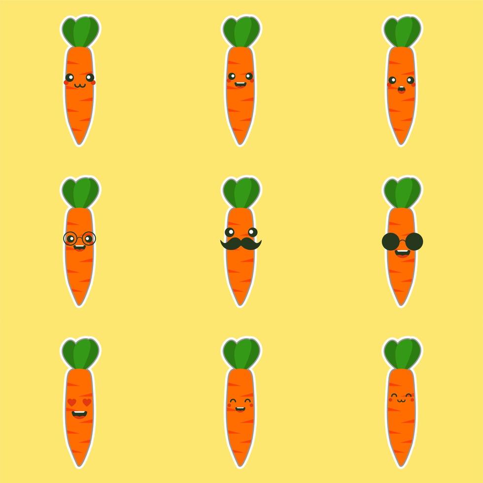ilustración linda y kawaii del personaje de dibujos animados divertidos de zanahoria, concepto vegano, amor de zanahoria. concepto de alimentos y vegetales icono del logotipo de zanahoria naranja vector