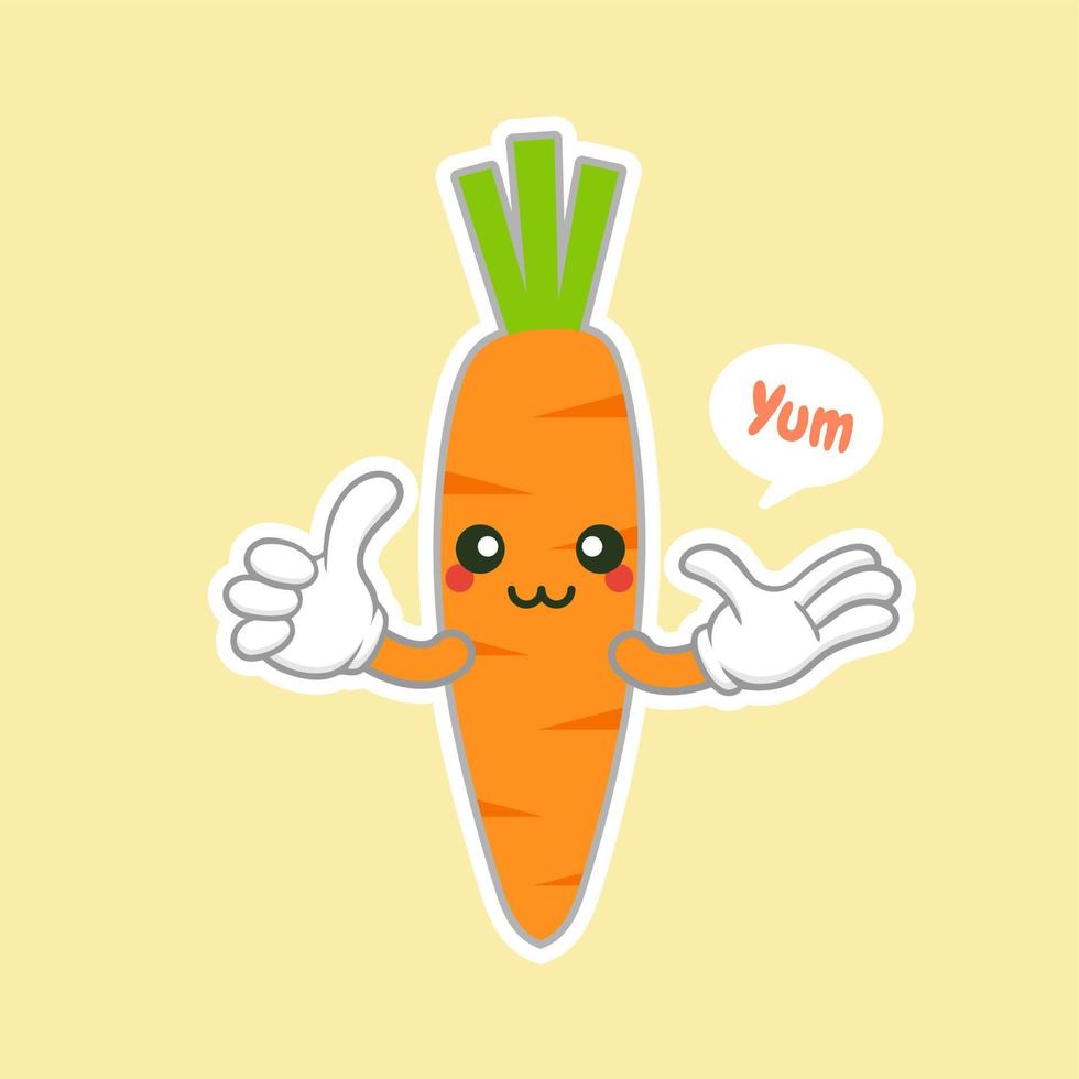 cute and kawaii Carrot character. Balloon sticker. Cool vegetable. Vector illustration. Carrot clever nerd character on a blue background. Healthy food concept. Smart vegan diet poster