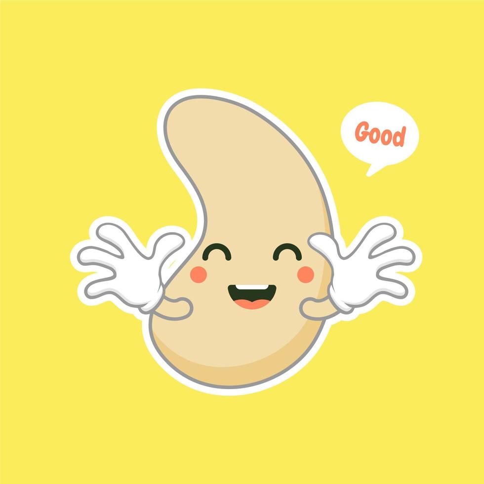 lindo y kawaii anacardo riñón forma tuerca plana personaje de dibujos animados. frijol vectorial con cabeza y ojos, héroe cómico de superalimento. comida vegetariana, vegetales saludables vector