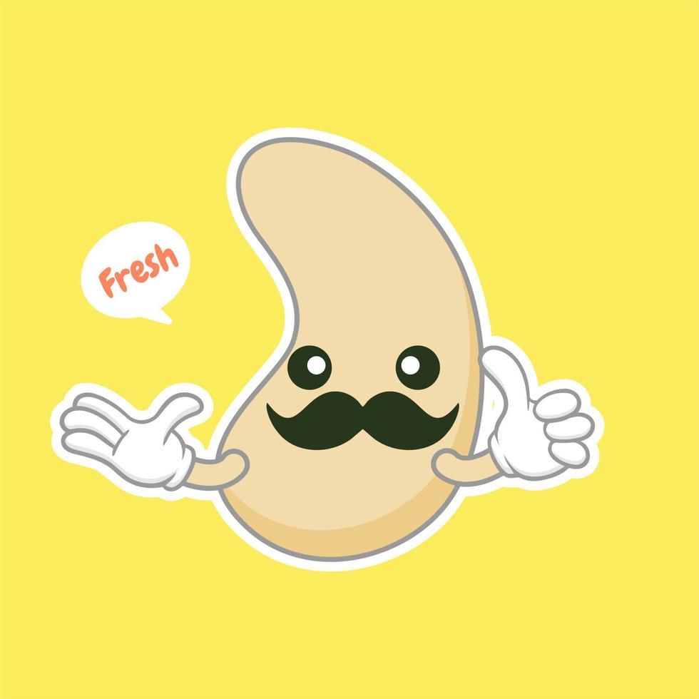 cute and kawaii cashew kidney shape nut flat cartoon character. Vector bean with head and eyes, comic superfood hero. Vegetarian food, healthy vegetable