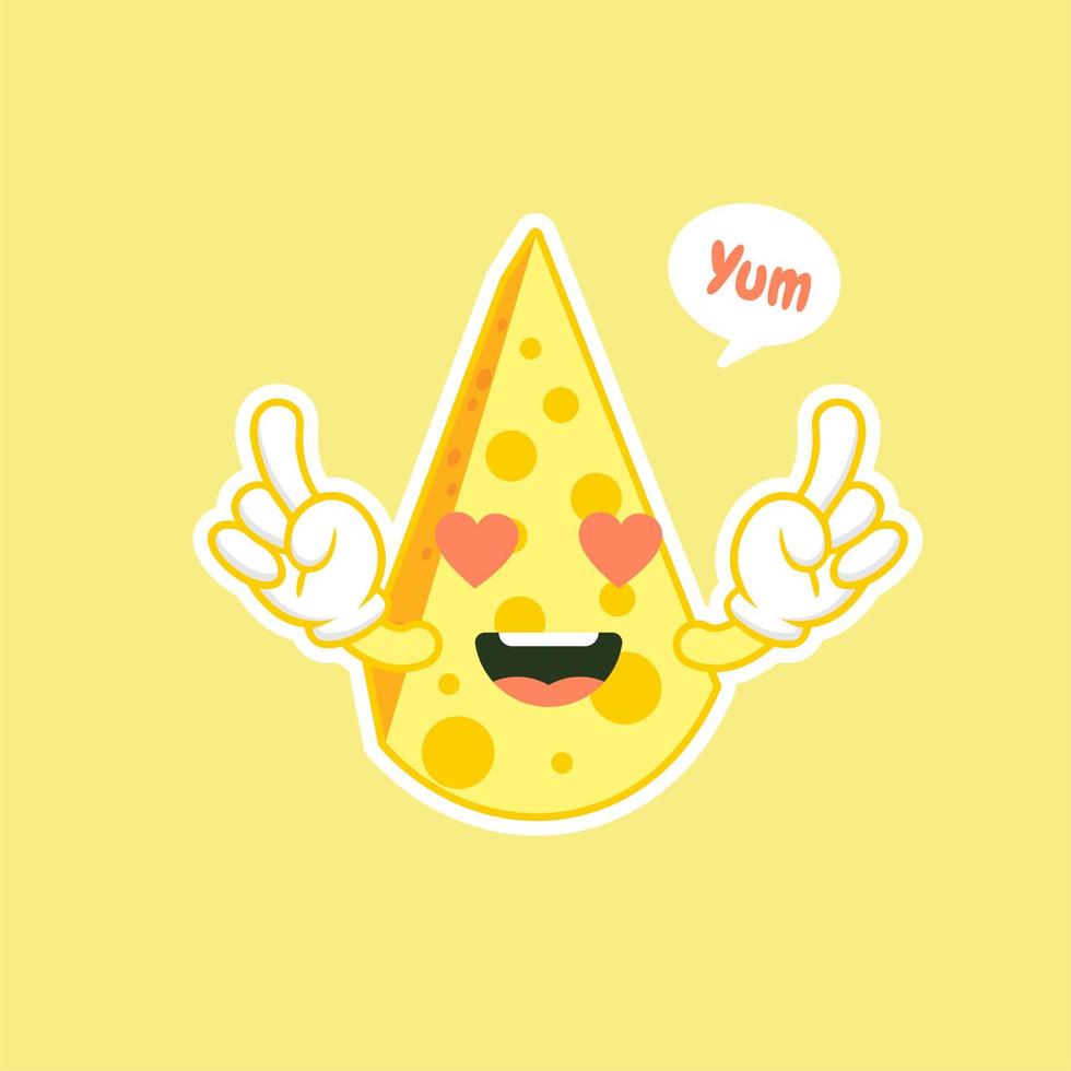 lindo y kawaii personaje de queso awaii. divertido queso sonriente feliz. icono de ilustración de personaje de caricatura plana. feliz personaje asiático divertido para el menú del restaurante infantil, pegatina de comida rápida vector