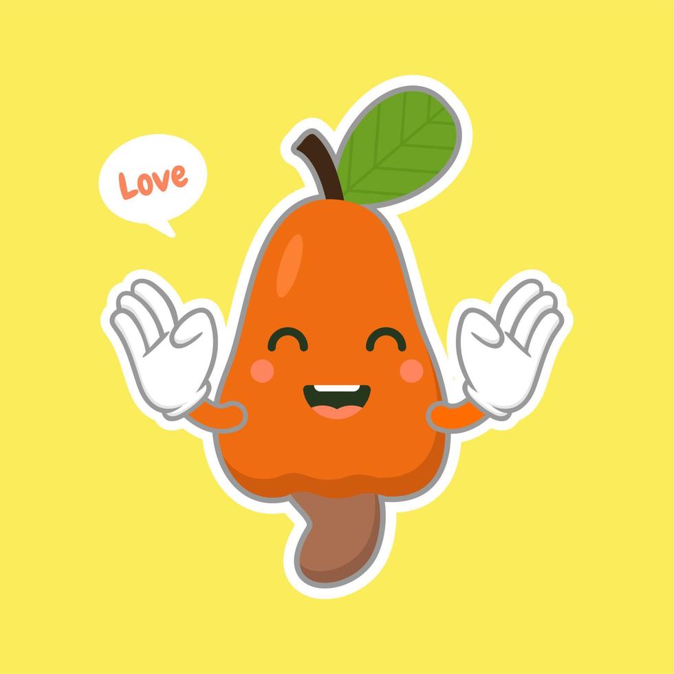 personaje de fruta de anacardo lindo y kawaii. nuez de cajú y fruta con xilografía de hoja vector