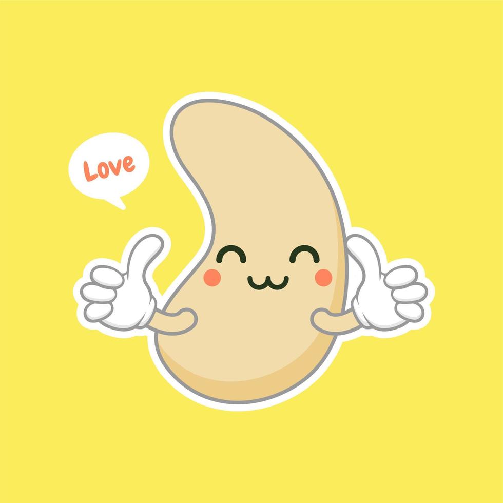 cute and kawaii cashew kidney shape nut flat cartoon character. Vector bean with head and eyes, comic superfood hero. Vegetarian food, healthy vegetable