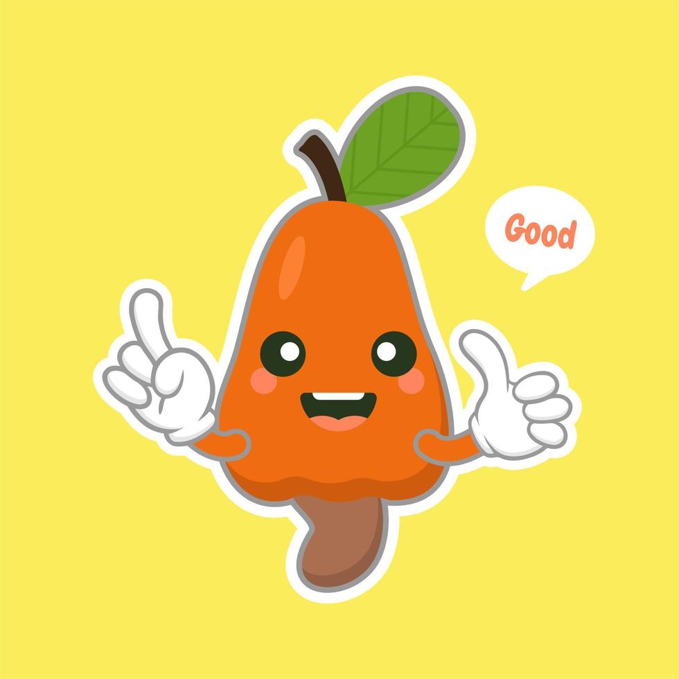 personaje de fruta de anacardo lindo y kawaii. nuez de cajú y fruta con xilografía de hoja vector