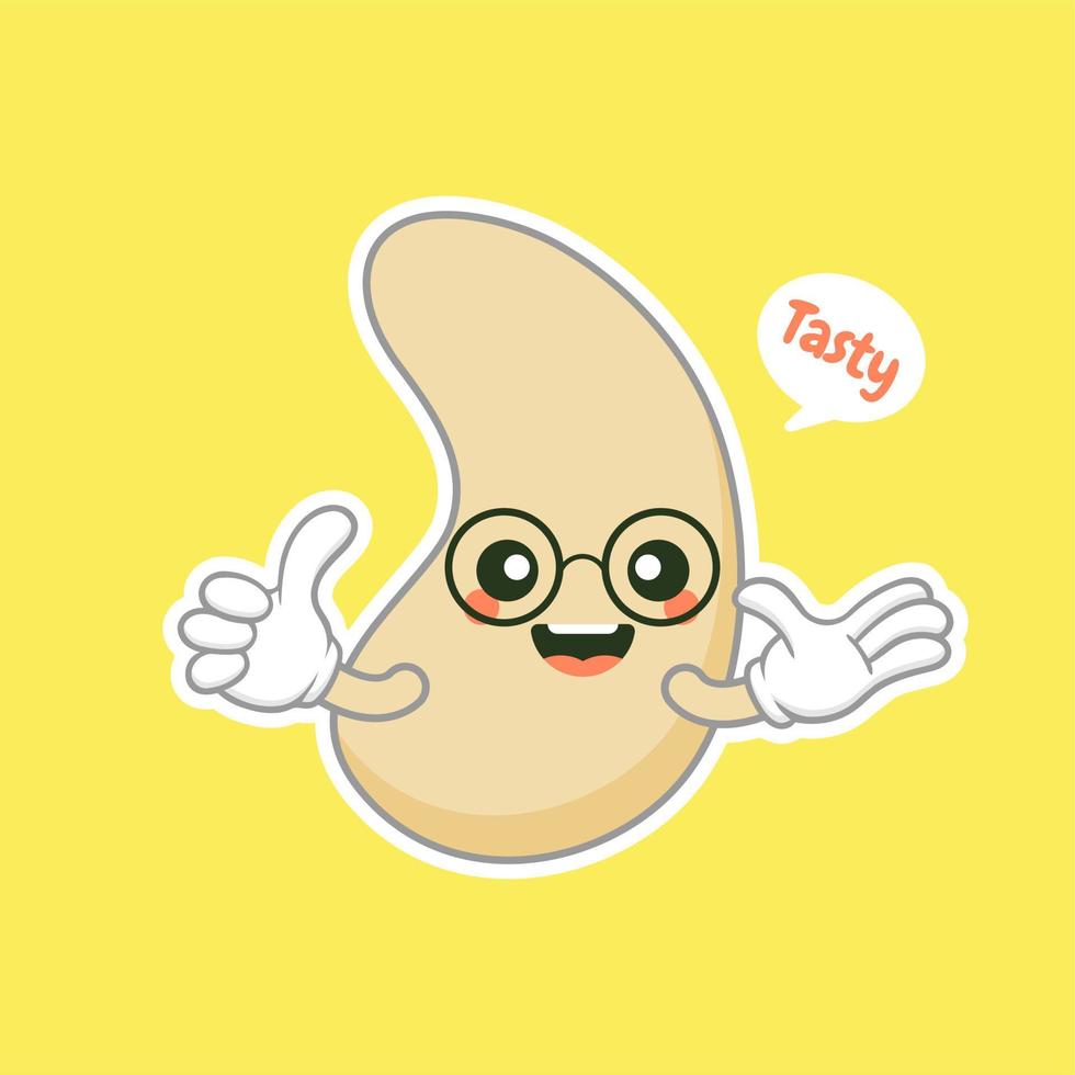 cute and kawaii cashew kidney shape nut flat cartoon character. Vector bean with head and eyes, comic superfood hero. Vegetarian food, healthy vegetable