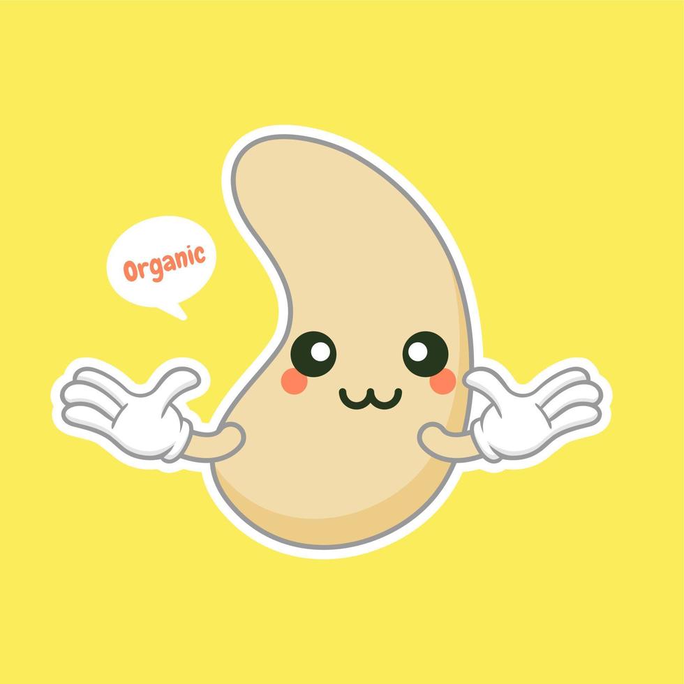 lindo y kawaii anacardo riñón forma tuerca plana personaje de dibujos animados. frijol vectorial con cabeza y ojos, héroe cómico de superalimento. comida vegetariana, vegetales saludables vector