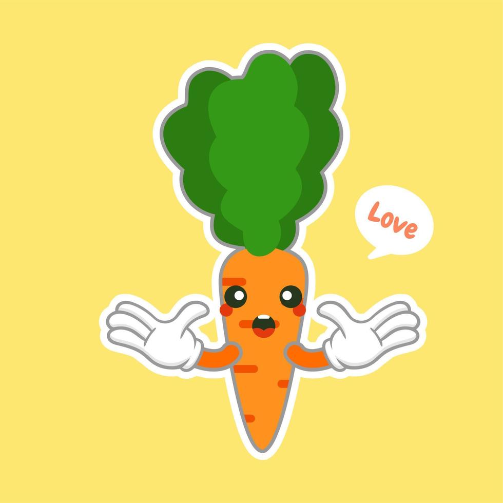 Kawaii and Cute carrot emoji character isolated on color background. Kawaii style fresh funny orange carrot and speach bubble slogan. Flat design cartoon food emoticon. Sweet stylish character sticker vector