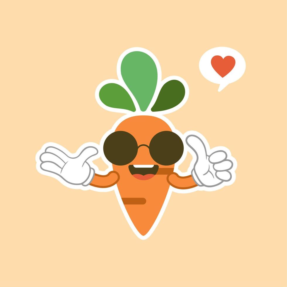 Cute and kawaii carrot cartoon character. Vector isolated image of a carrot, healthy vegetable, plant, tops, root. Sweet face mascot. Image for poster, postcard, fabric print, childrens clothes