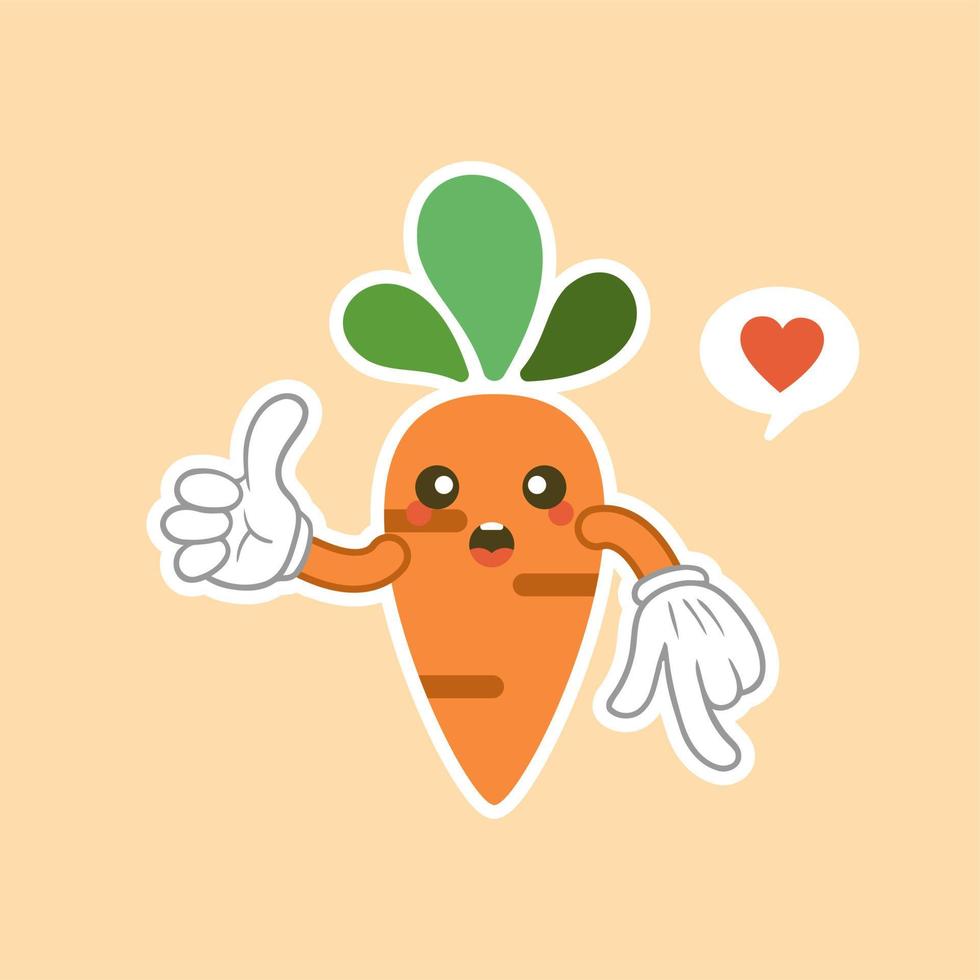 Cute and kawaii carrot cartoon character. Vector isolated image of a carrot, healthy vegetable, plant, tops, root. Sweet face mascot. Image for poster, postcard, fabric print, childrens clothes