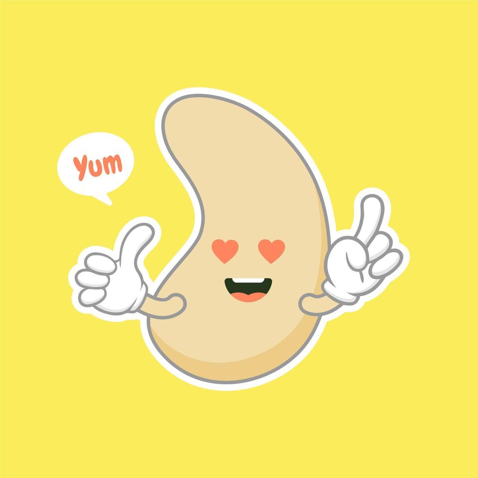 lindo y kawaii anacardo riñón forma tuerca plana personaje de dibujos animados. frijol vectorial con cabeza y ojos, héroe cómico de superalimento. comida vegetariana, vegetales saludables vector