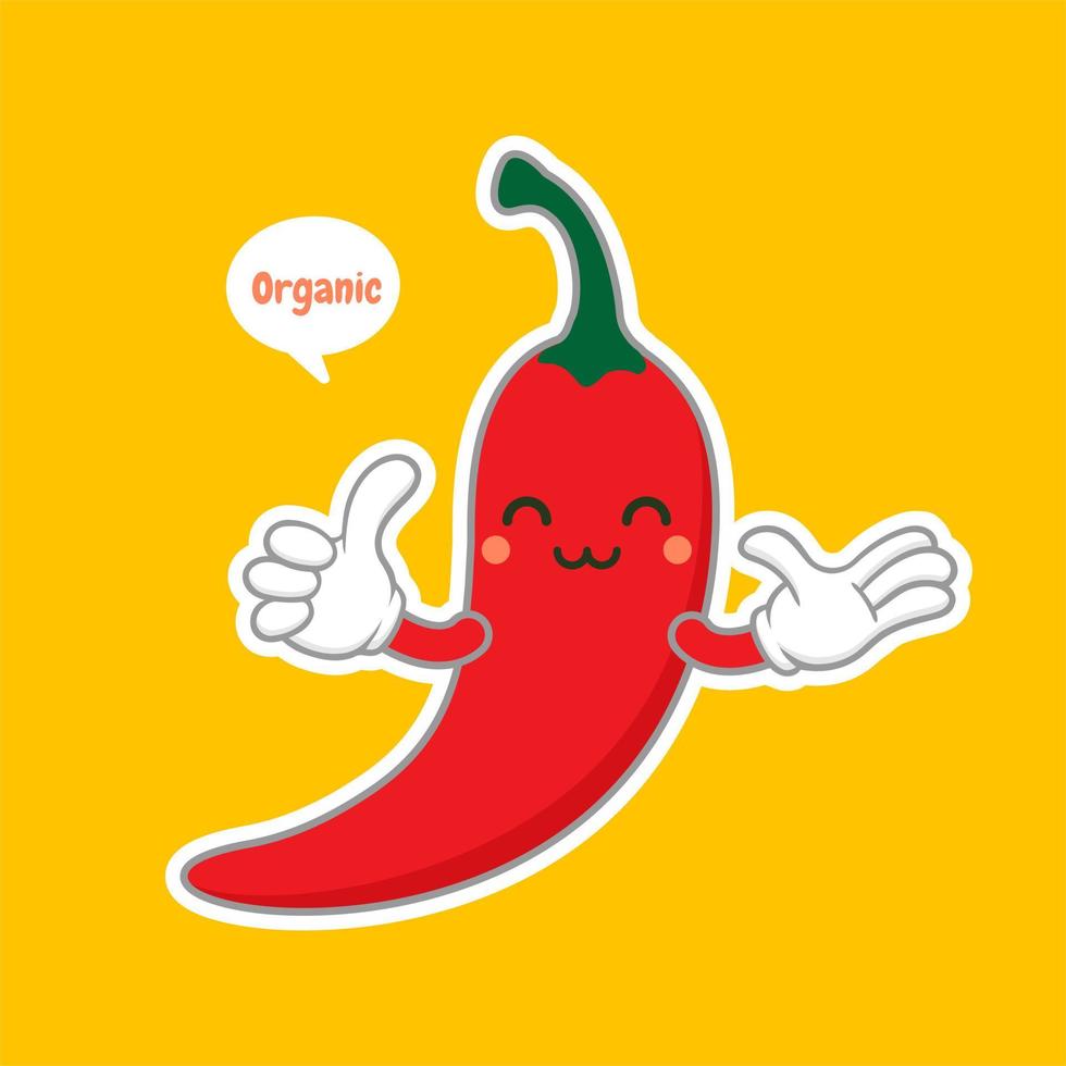 Ilustración de vector de diseño plano de carácter de chile lindo y kawaii. se puede utilizar en el menú del restaurante, en los libros de cocina y en la etiqueta de la granja orgánica. personaje de dibujos animados de ají picante