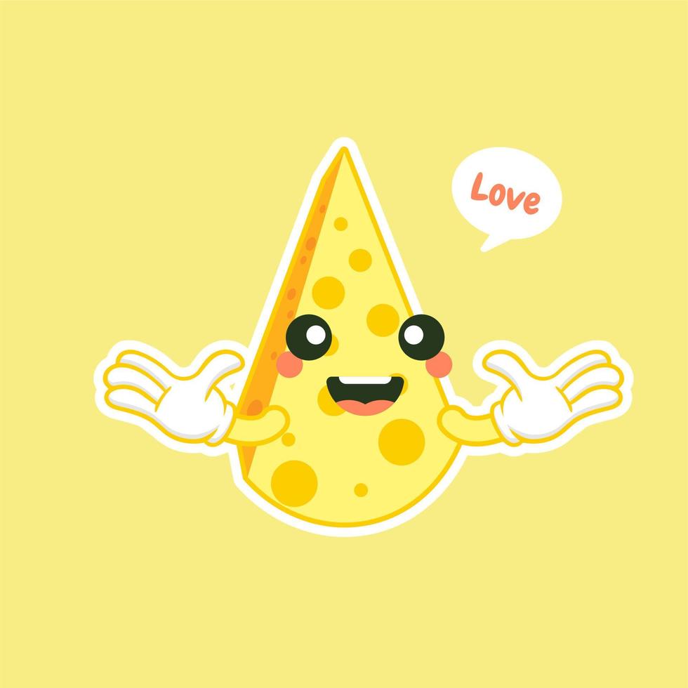 lindo y kawaii personaje de queso awaii. divertido queso sonriente feliz. icono de ilustración de personaje de caricatura plana. feliz personaje asiático divertido para el menú del restaurante infantil, pegatina de comida rápida vector