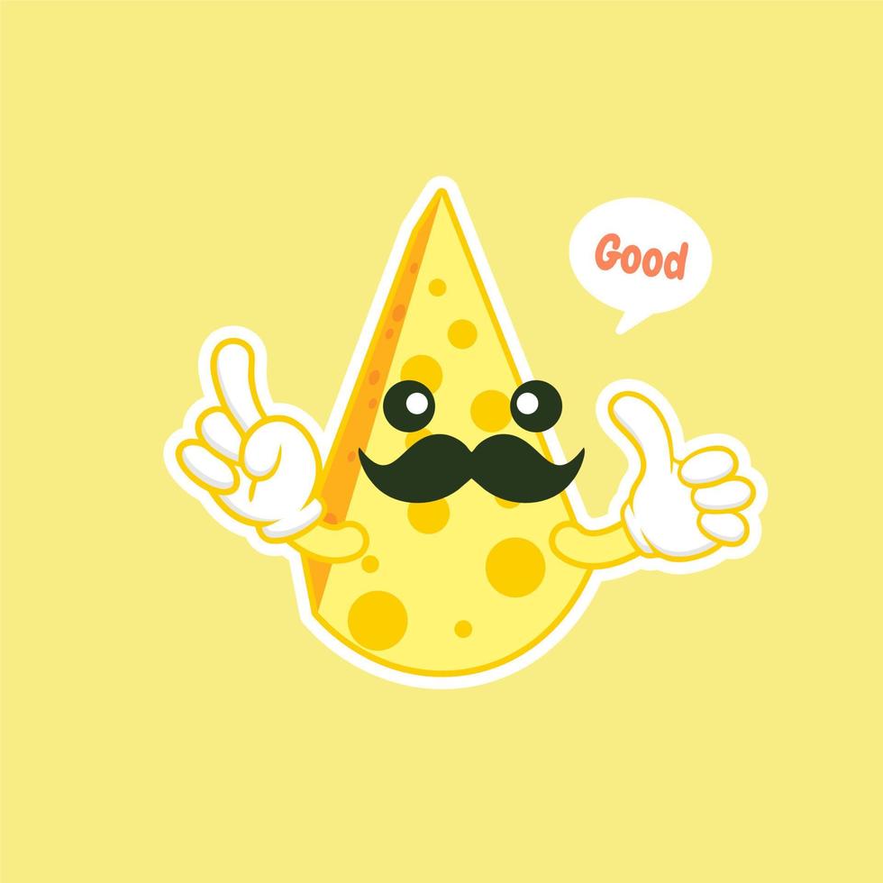 lindo y kawaii personaje de queso awaii. divertido queso sonriente feliz. icono de ilustración de personaje de caricatura plana. feliz personaje asiático divertido para el menú del restaurante infantil, pegatina de comida rápida vector