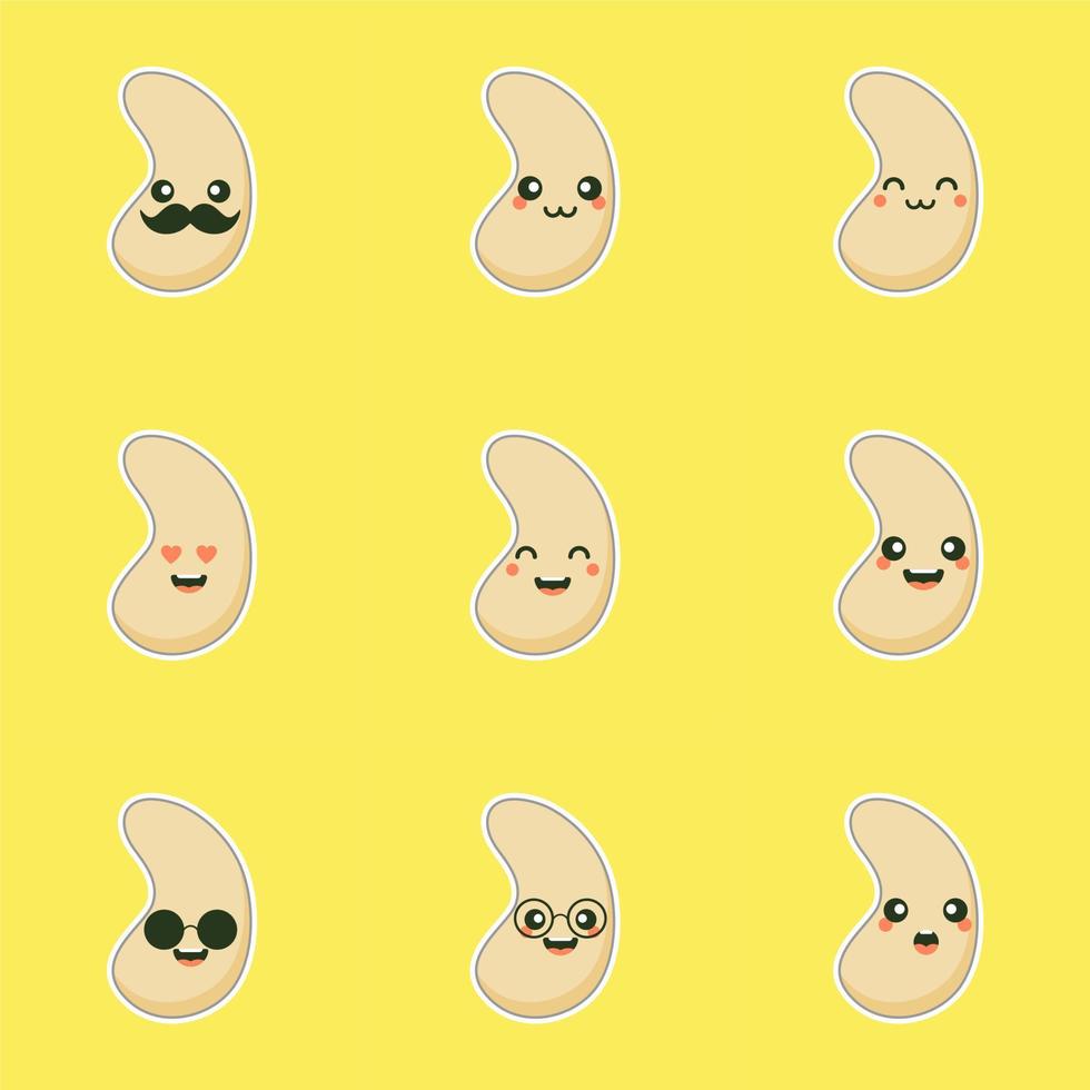 cute and kawaii cashew kidney shape nut flat cartoon character. Vector bean with head and eyes, comic superfood hero. Vegetarian food, healthy vegetable
