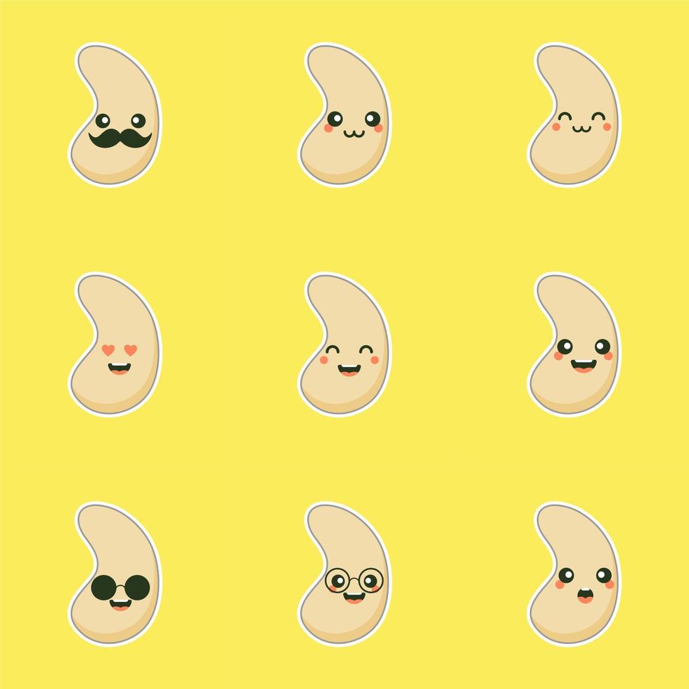 cute and kawaii cashew kidney shape nut flat cartoon character. Vector bean with head and eyes, comic superfood hero. Vegetarian food, healthy vegetable