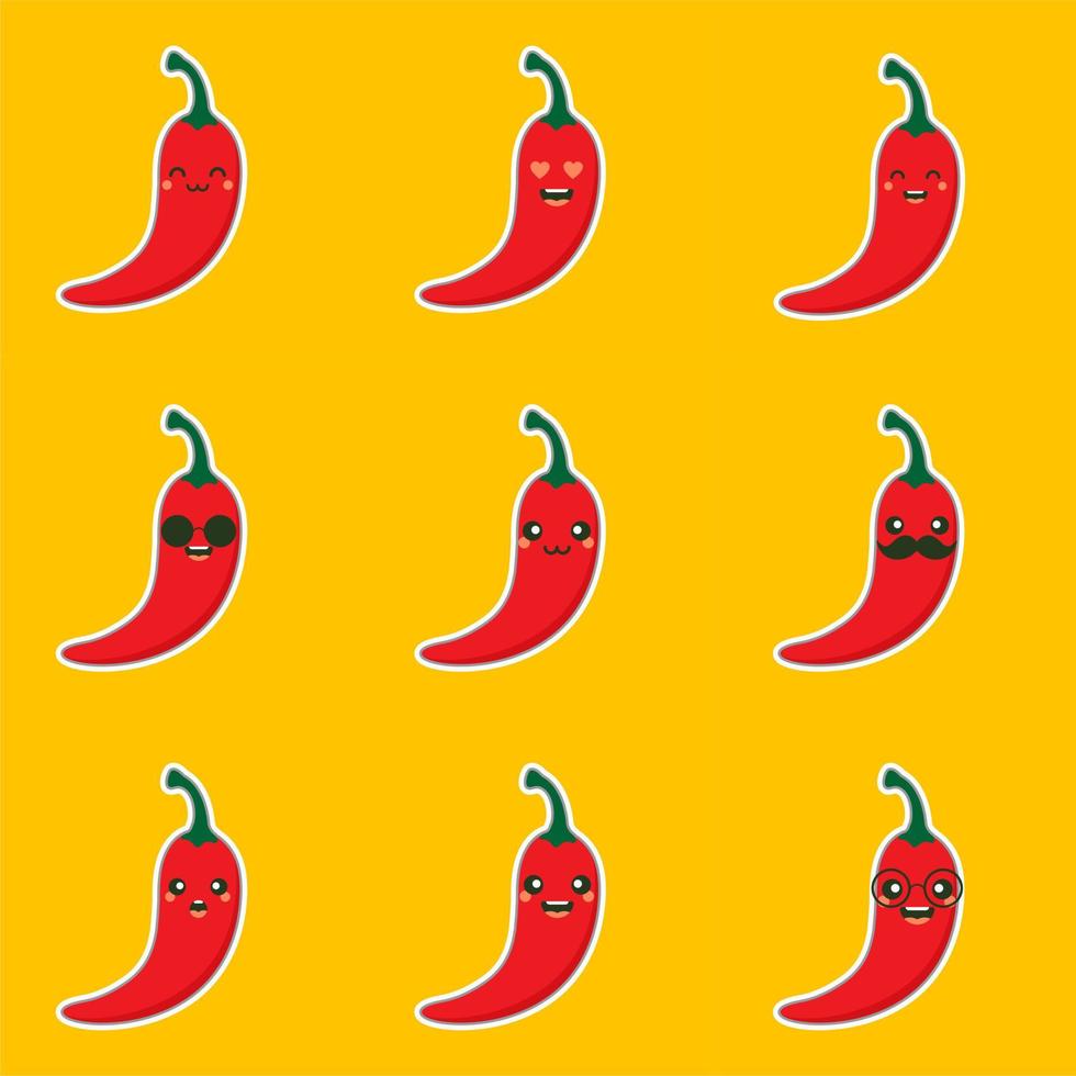 Ilustración de vector de diseño plano de carácter de chile lindo y kawaii. se puede utilizar en el menú del restaurante, en los libros de cocina y en la etiqueta de la granja orgánica. personaje de dibujos animados de ají picante