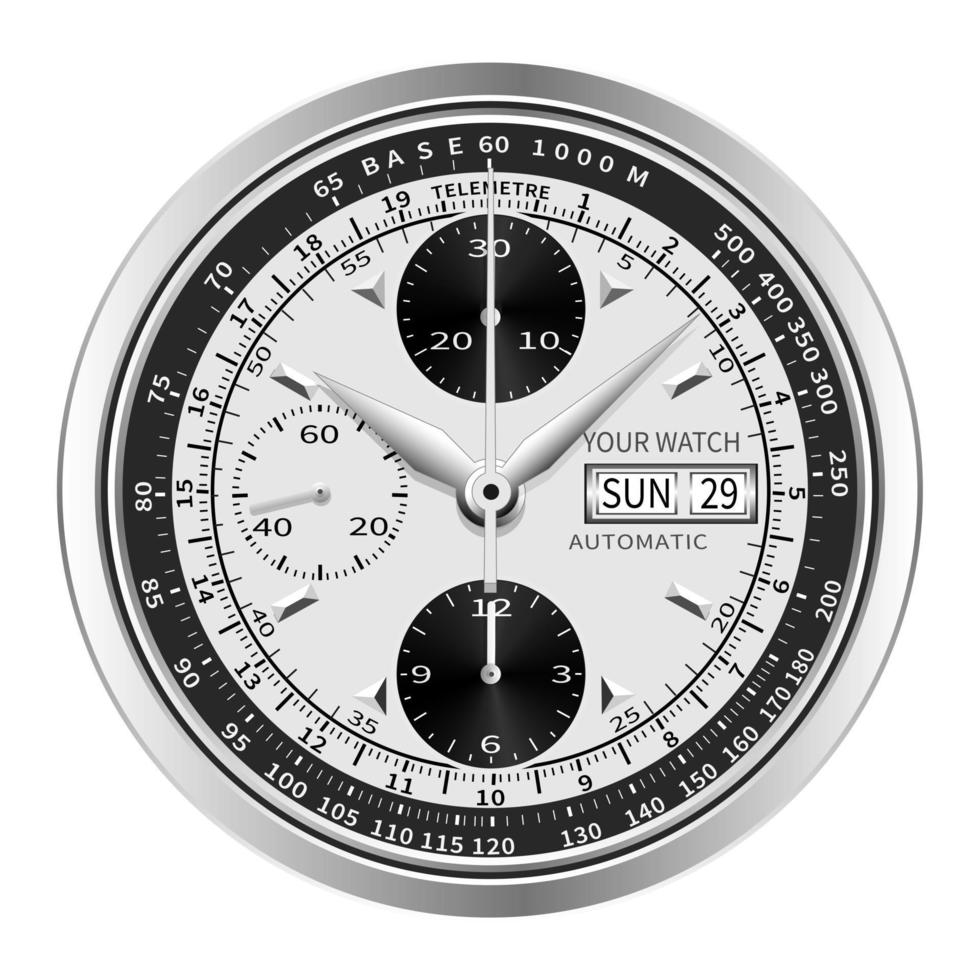 realista negro plata blanco reloj reloj cara cronógrafo lujo aislado fondo vector