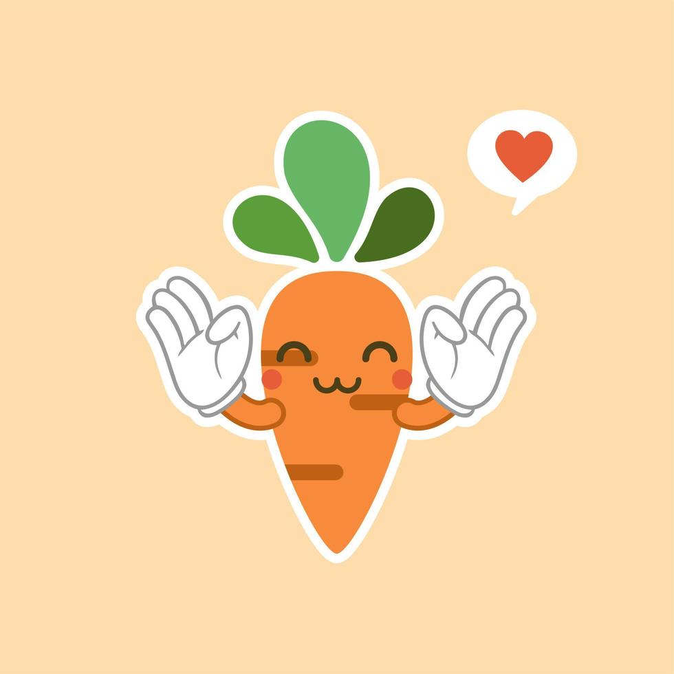 Cute and kawaii carrot cartoon character. Vector isolated image of a carrot, healthy vegetable, plant, tops, root. Sweet face mascot. Image for poster, postcard, fabric print, childrens clothes