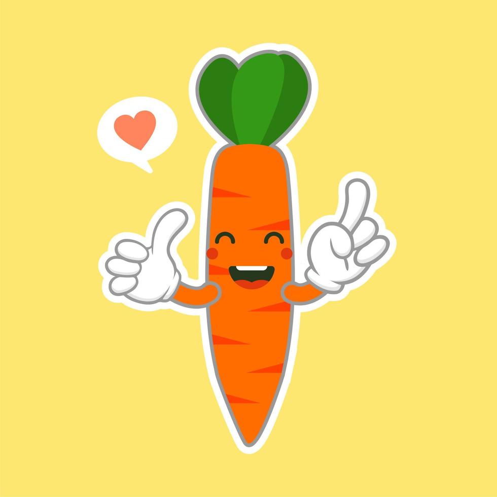 ilustración linda y kawaii del personaje de dibujos animados divertidos de zanahoria, concepto vegano, amor de zanahoria. concepto de alimentos y vegetales icono del logotipo de zanahoria naranja vector