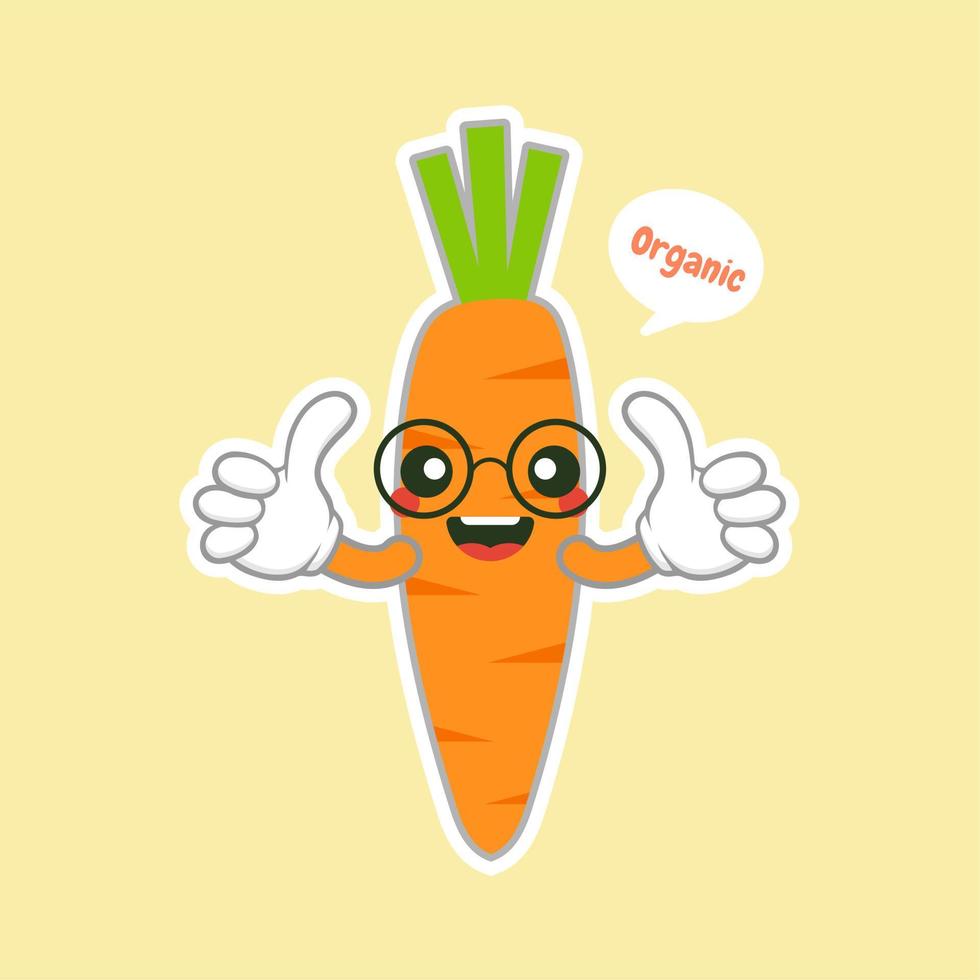 personaje de zanahoria lindo y kawaii. pegatina de globo verdura fresca. ilustración vectorial personaje nerd inteligente de zanahoria sobre un fondo azul. concepto de comida saludable. cartel de dieta vegana inteligente vector