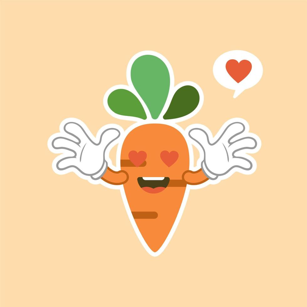 Cute and kawaii carrot cartoon character. Vector isolated image of a carrot, healthy vegetable, plant, tops, root. Sweet face mascot. Image for poster, postcard, fabric print, childrens clothes
