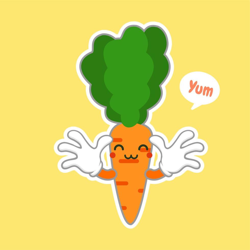 Kawaii and Cute carrot emoji character isolated on color background. Kawaii style fresh funny orange carrot and speach bubble slogan. Flat design cartoon food emoticon. Sweet stylish character sticker vector