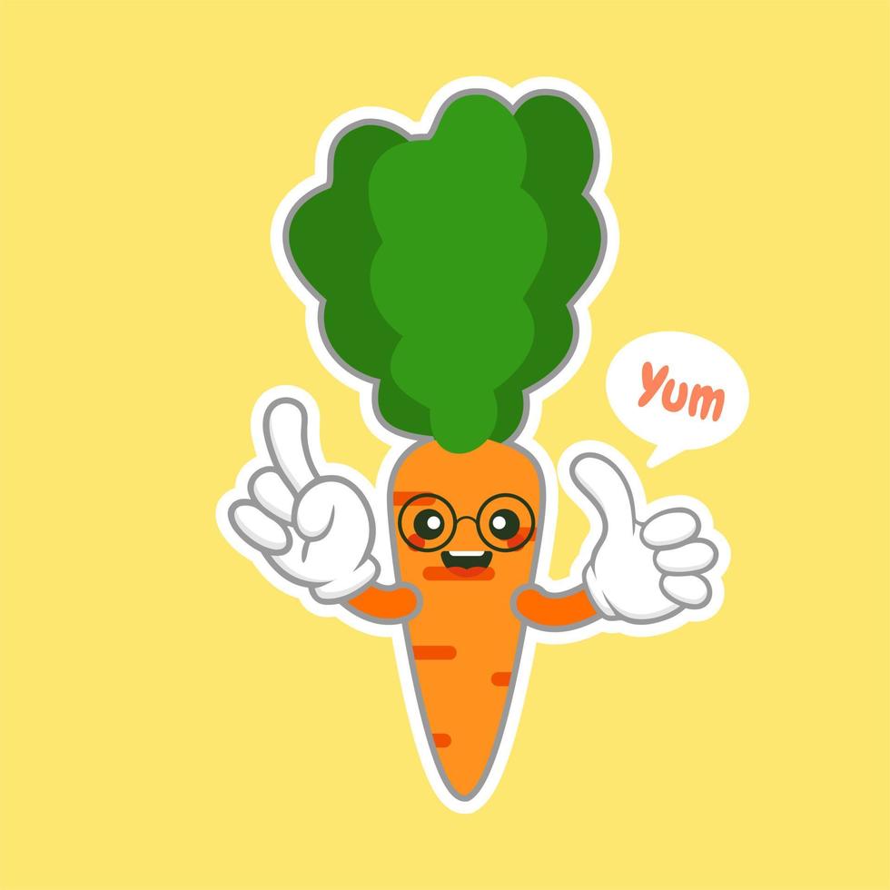 Kawaii and Cute carrot emoji character isolated on color background. Kawaii style fresh funny orange carrot and speach bubble slogan. Flat design cartoon food emoticon. Sweet stylish character sticker vector