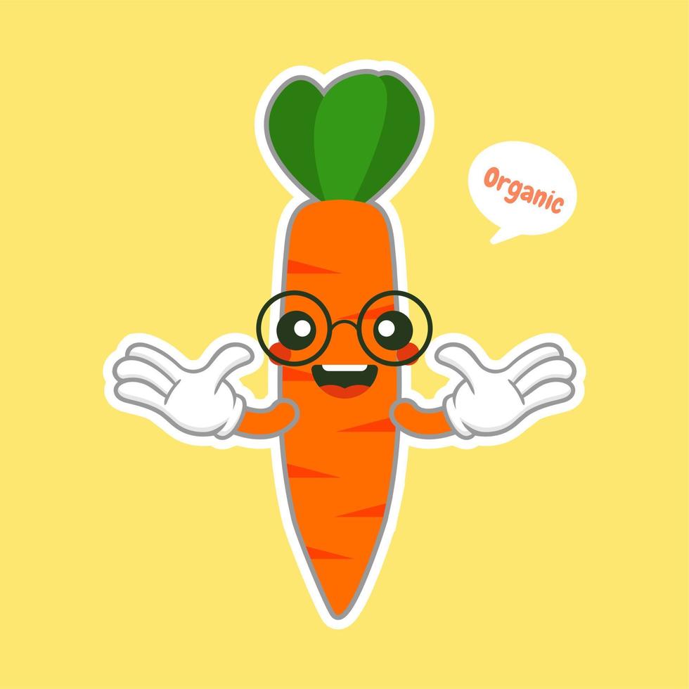 ilustración linda y kawaii del personaje de dibujos animados divertidos de zanahoria, concepto vegano, amor de zanahoria. concepto de alimentos y vegetales icono del logotipo de zanahoria naranja vector