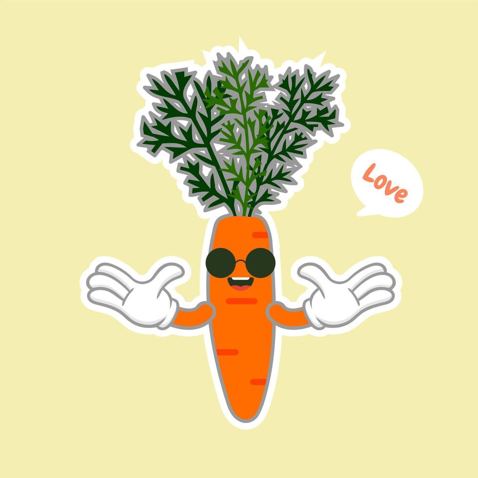 personaje de dibujos animados de zanahoria aislado sobre fondo de color. Ilustración de vector de mascota divertida comida saludable en diseño plano. concepto de comida, vegano, vegetariano y vegetal.icono del logotipo de zanahoria naranja