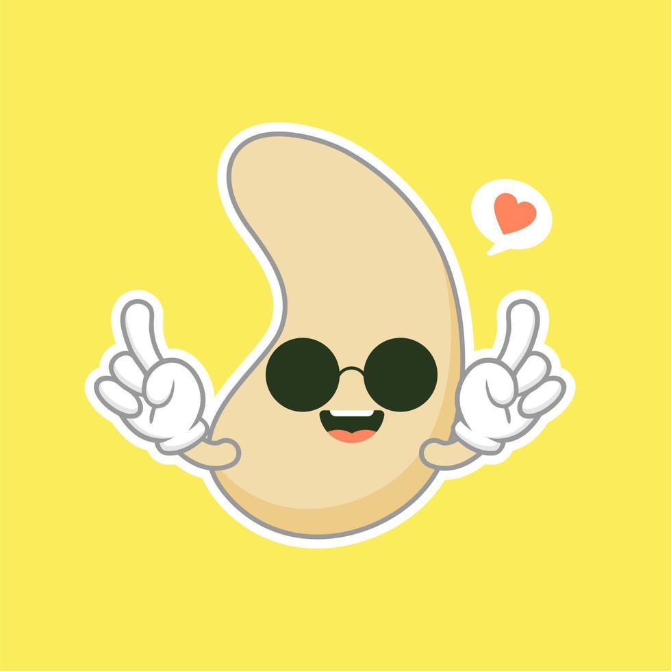 cute and kawaii cashew kidney shape nut flat cartoon character. Vector bean with head and eyes, comic superfood hero. Vegetarian food, healthy vegetable