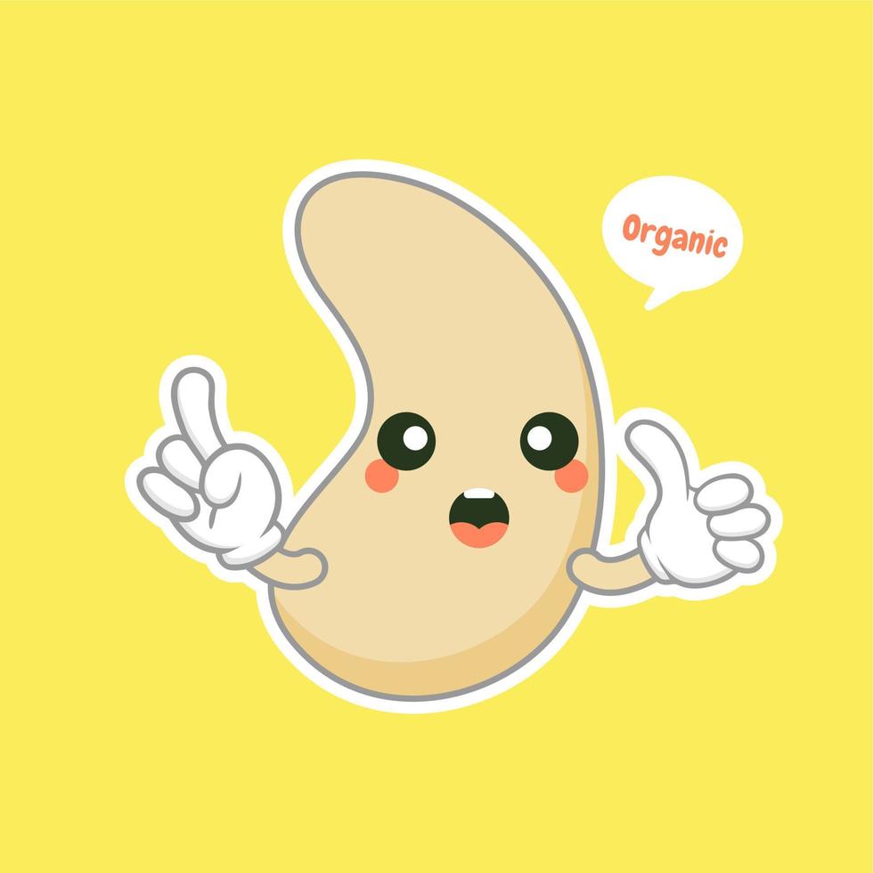 cute and kawaii cashew kidney shape nut flat cartoon character. Vector bean with head and eyes, comic superfood hero. Vegetarian food, healthy vegetable