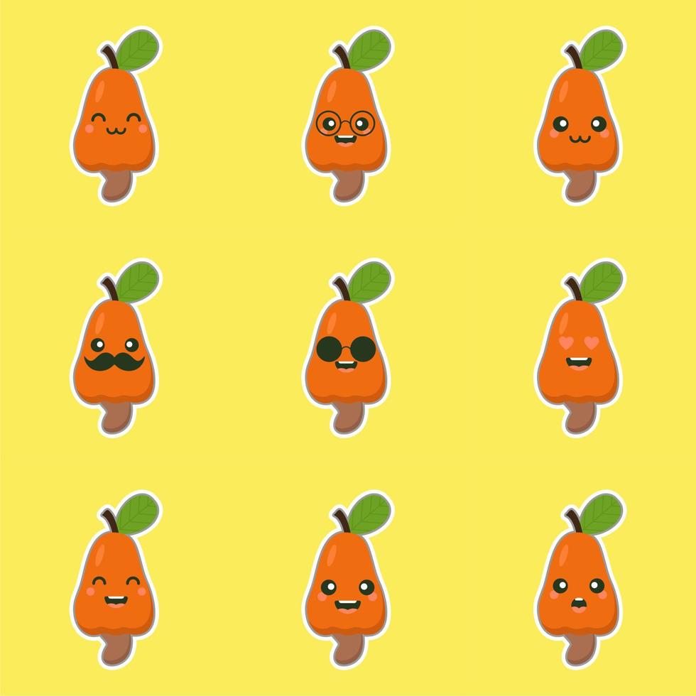 personaje de fruta de anacardo lindo y kawaii. nuez de cajú y fruta con xilografía de hoja vector