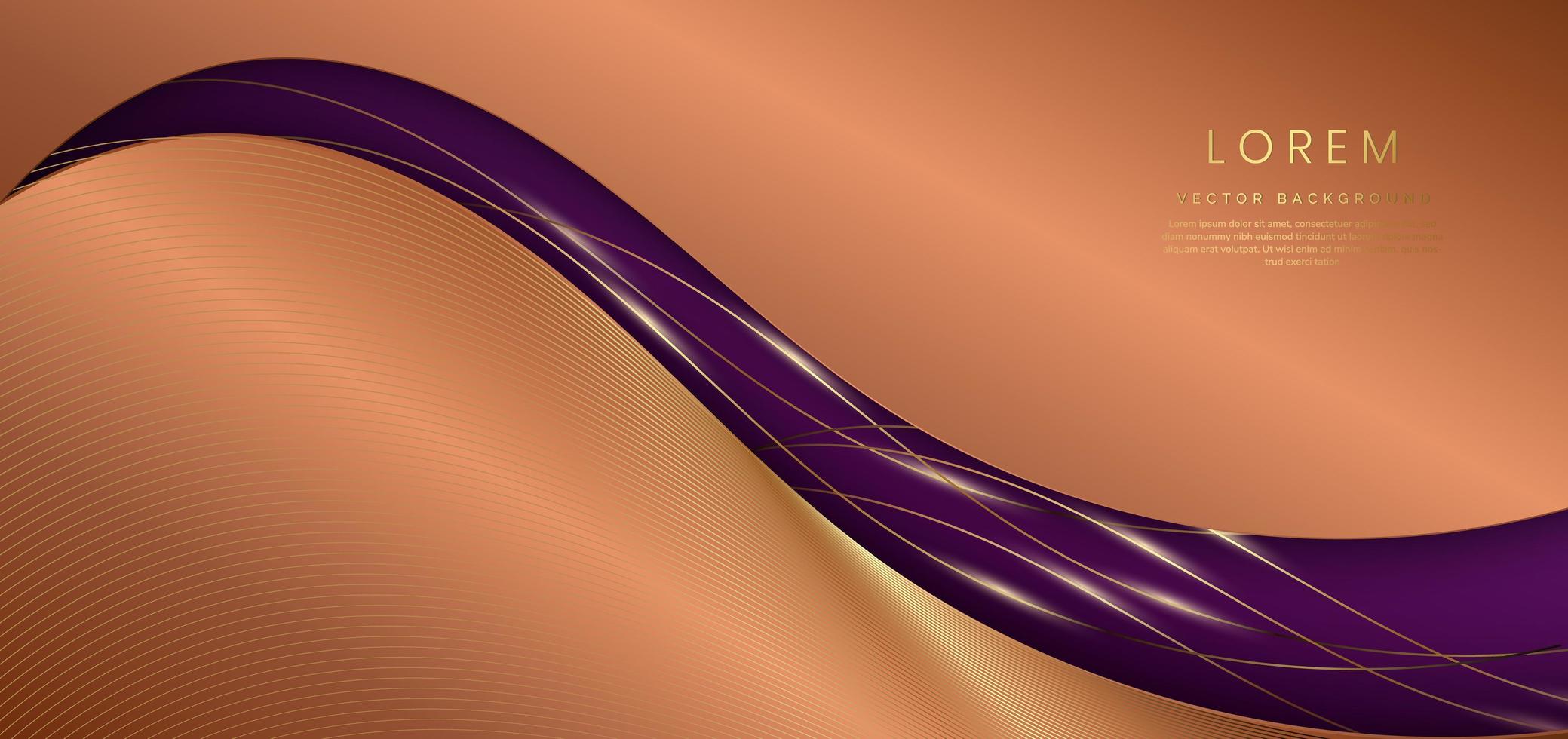 Elegant brown background, curved shape with golden shiny curve pattern, deep with elegant violet. Luxury style. vector