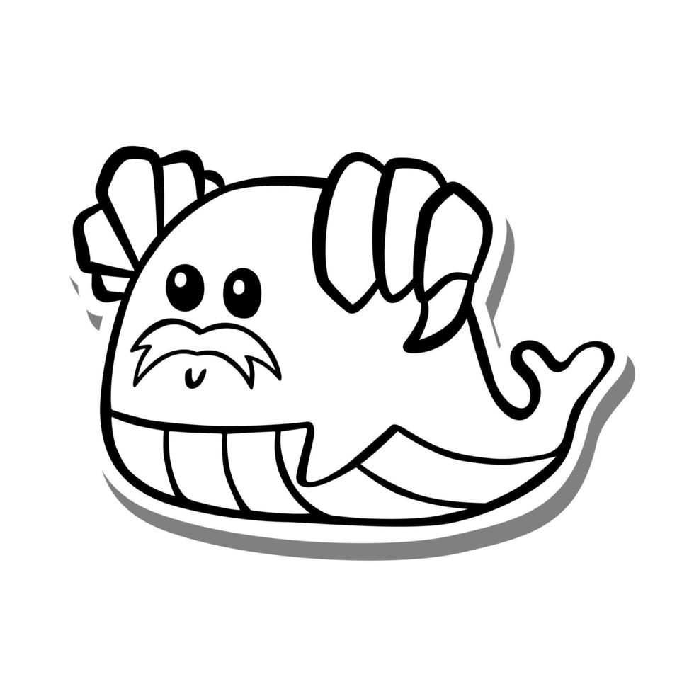 Cute cartoon Whale with Goat Horn Monochrome. Doodle on white silhouette and gray shadow. Vector illustration about aquatic animals for any design.