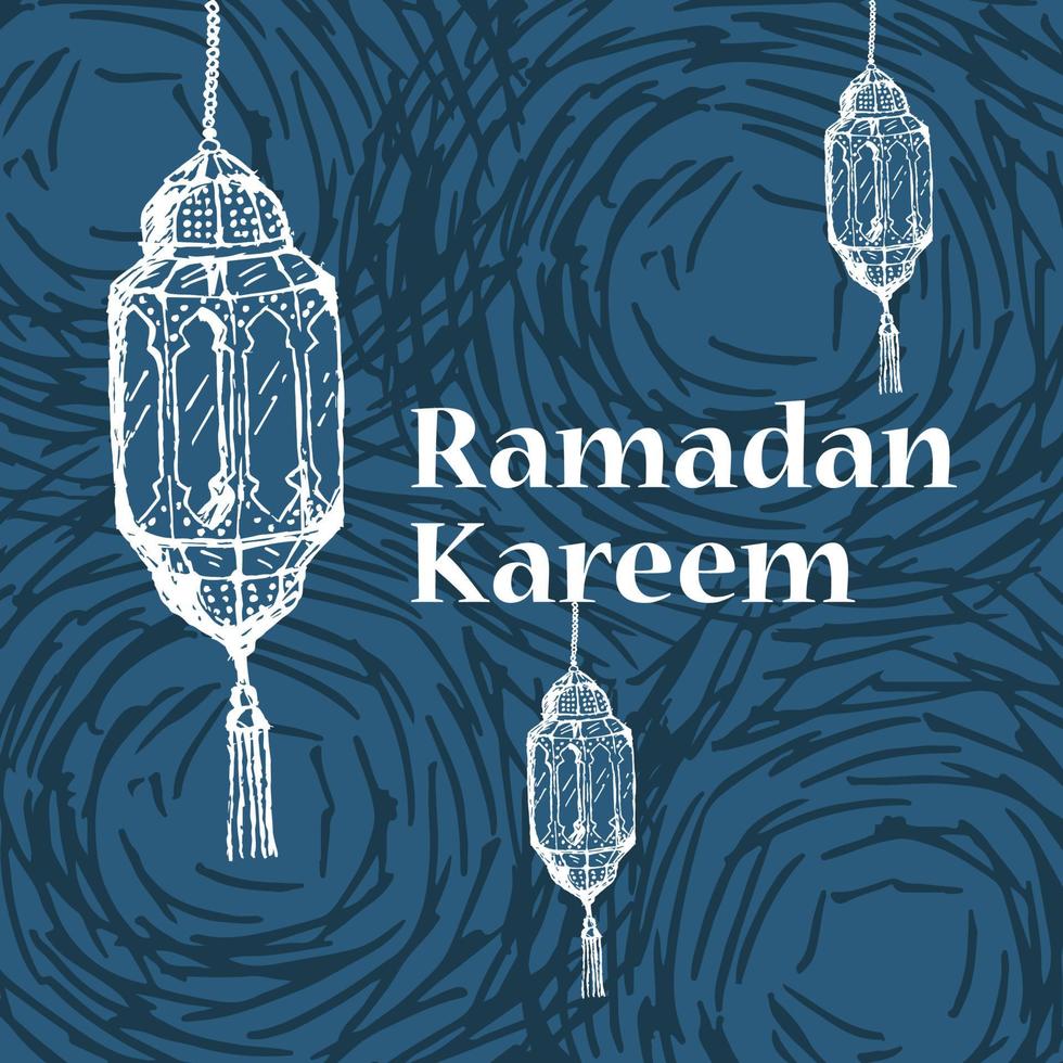 Arabic Lantern Ramadan kareem hand drawn style blue vector