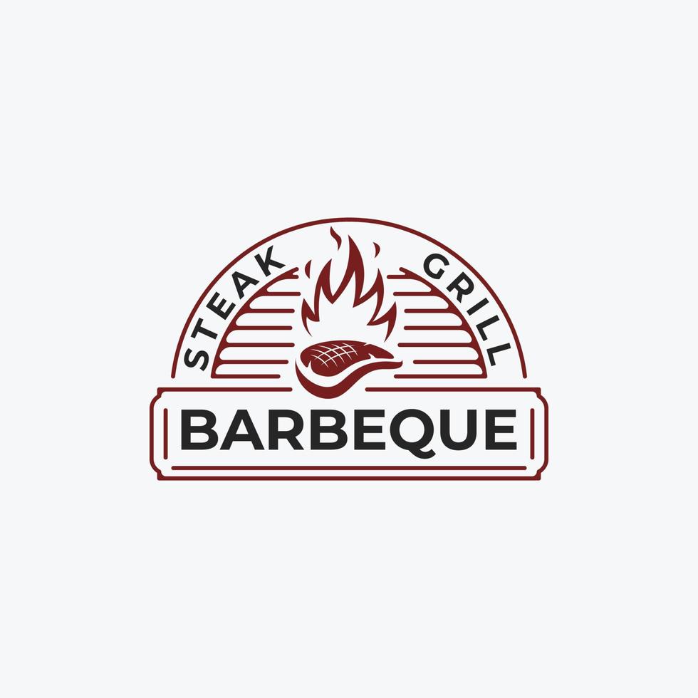 vector vintage badge label of steak with fire, bistro, beef, restaurant, grilled food logo template