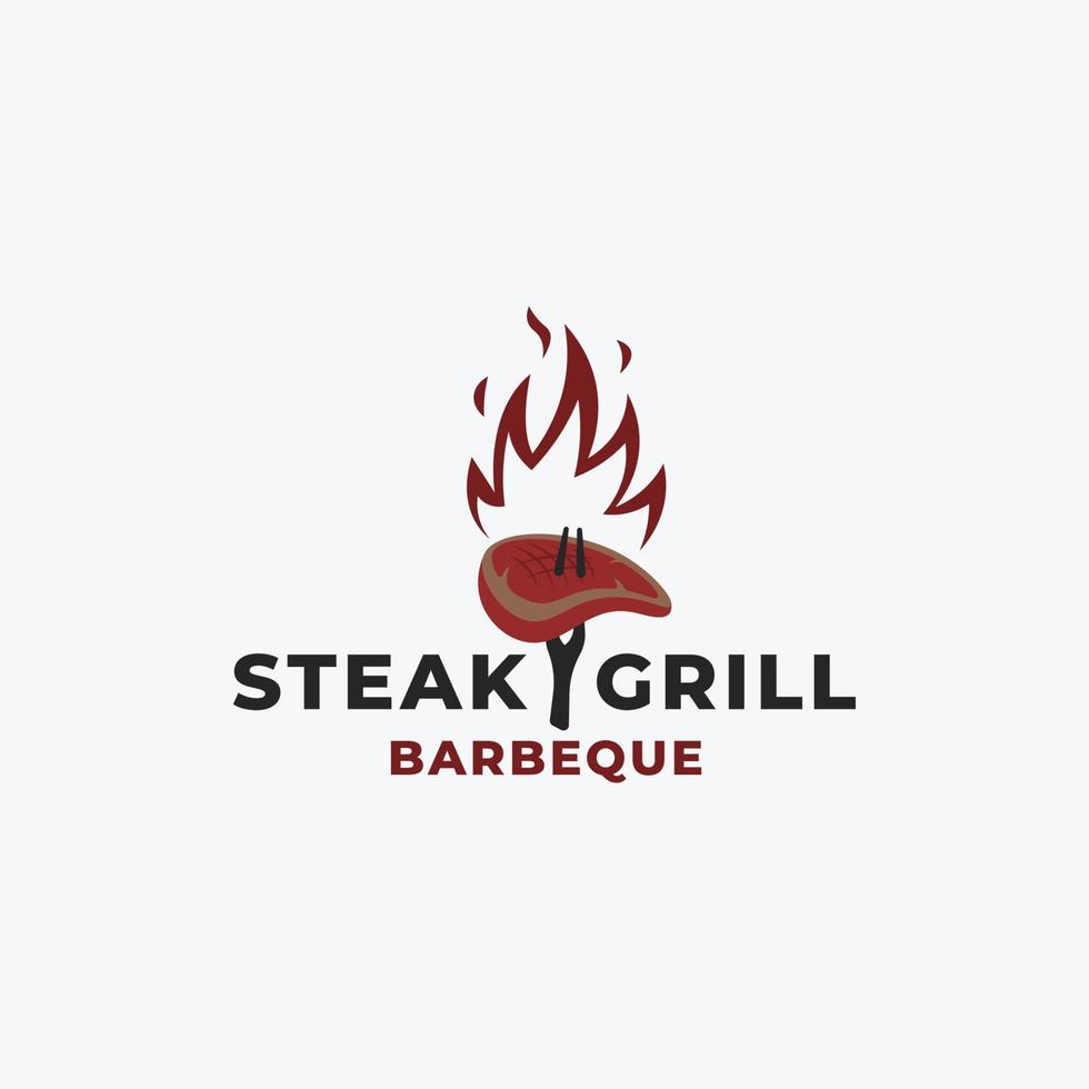 grill barbeque barbecue with crossed fork and fire flame logo vector illustration. beef steak barbecue logo template