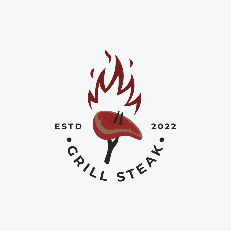 bistec con tenedor y fuego a la parrilla logo vector ilustración diseño. adecuado para asador, ternera, bistró, logotipo de restaurante. plantilla de logotipo de elemento de carne