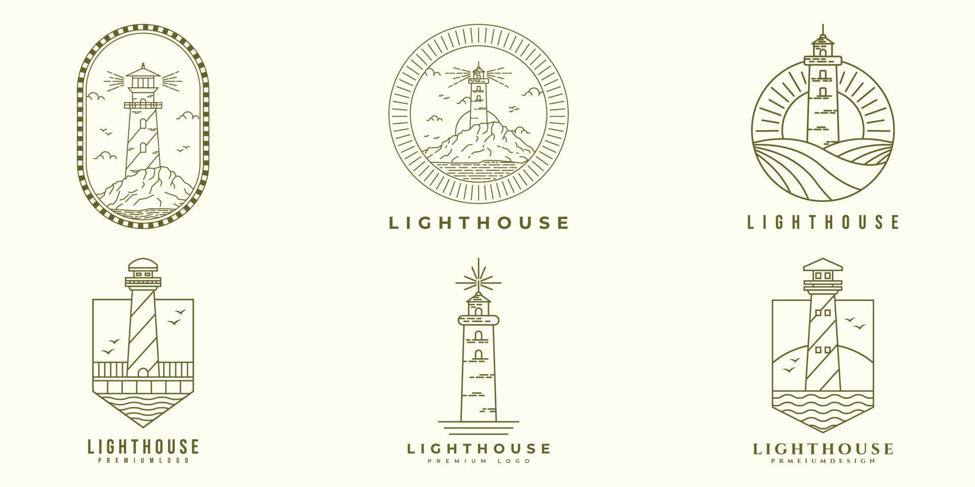 Set Bundle of Lighthouse logo vector illustration design, line art style logo, badge logo