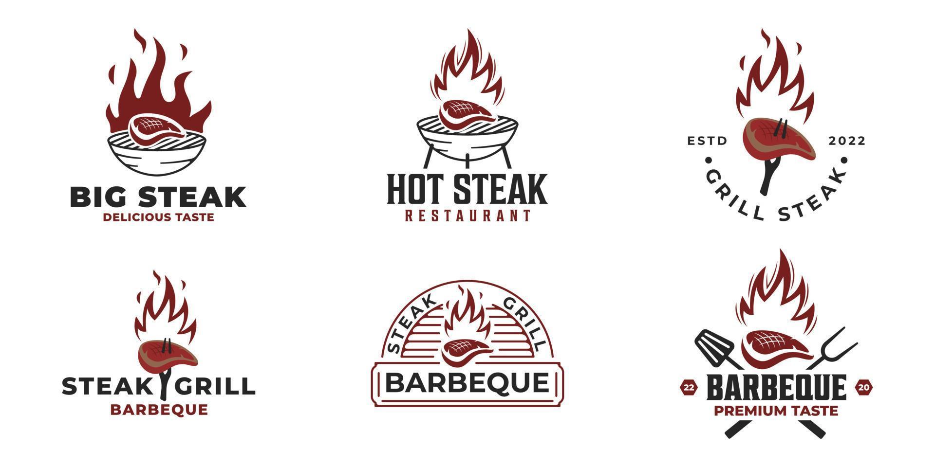 conjunto de diseño de ilustración vectorial del logotipo de barbacoa de bistec, plantilla de logotipo de barbacoa de parrilla de bistec caliente vector