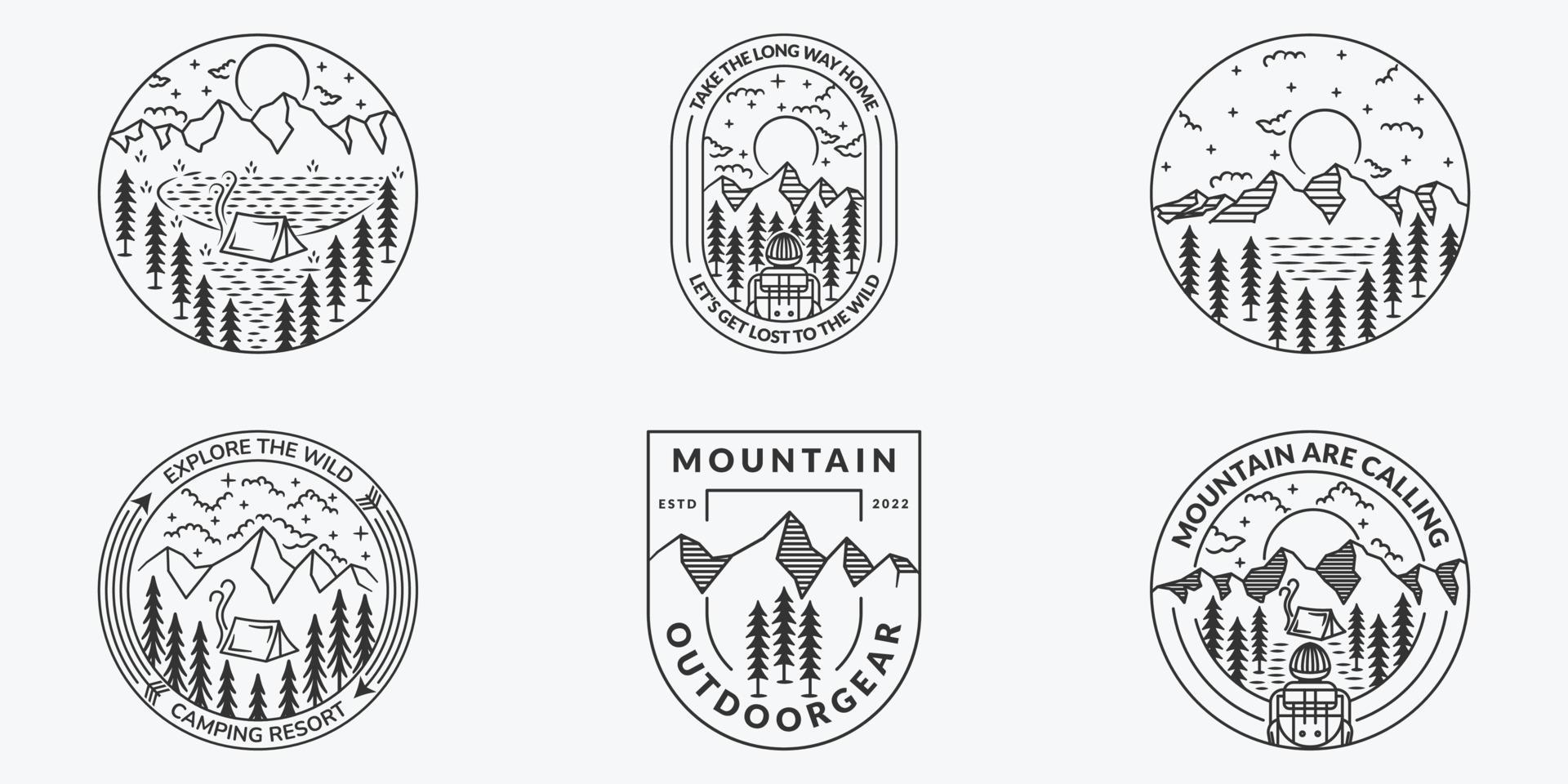 Set of Mountain Outdoor wild life logo vector illustration design, mountain line art style