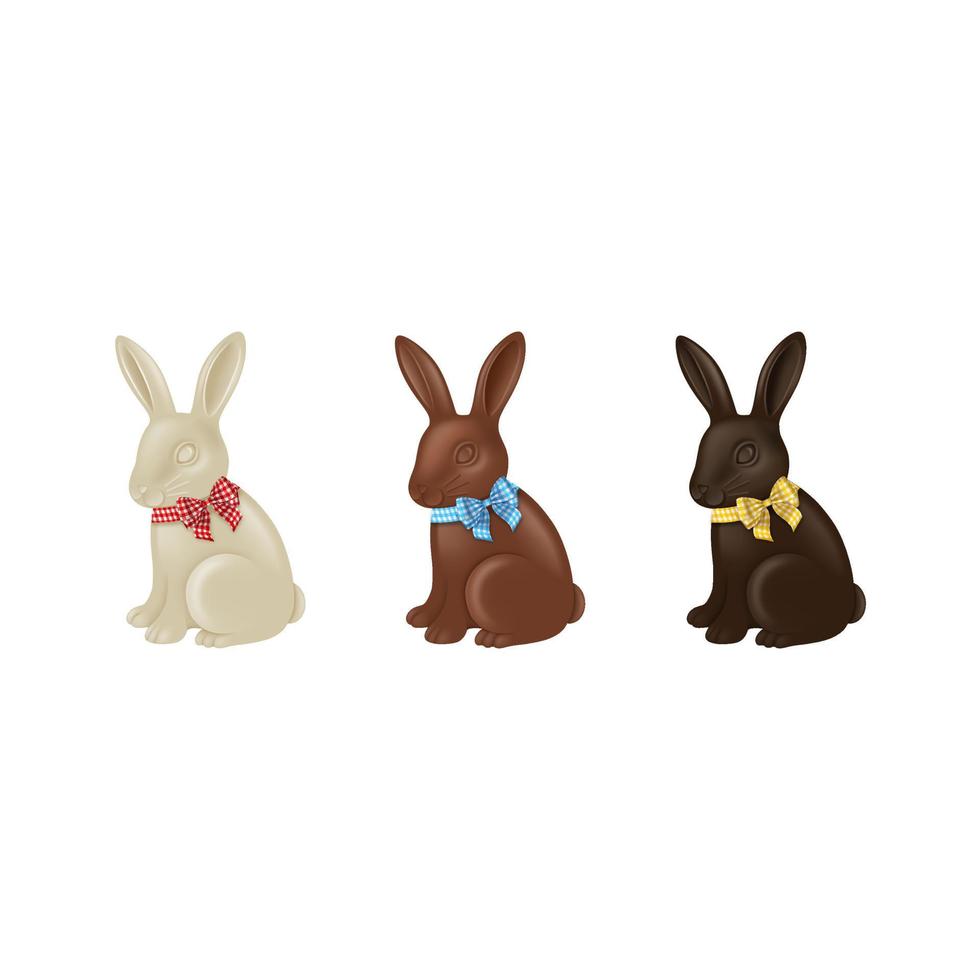 conjunto de conejos de pascua de chocolate con lazos de colores. conejitos de chocolate negro, con leche y blanco vector