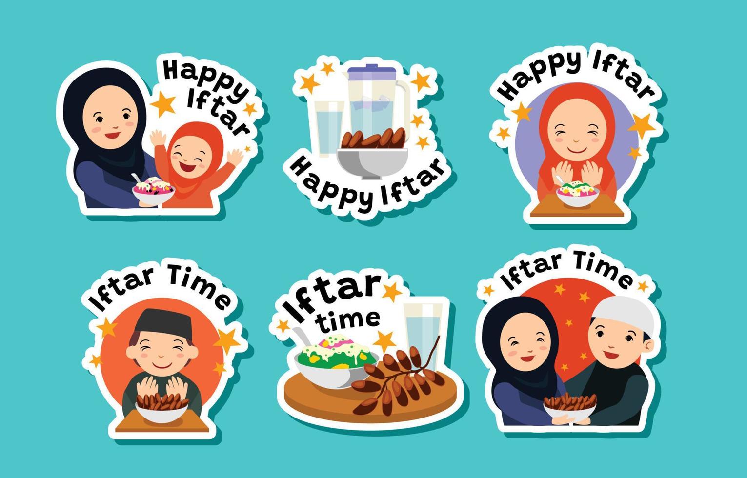 conjunto de pegatinas de tiempo feliz iftar vector