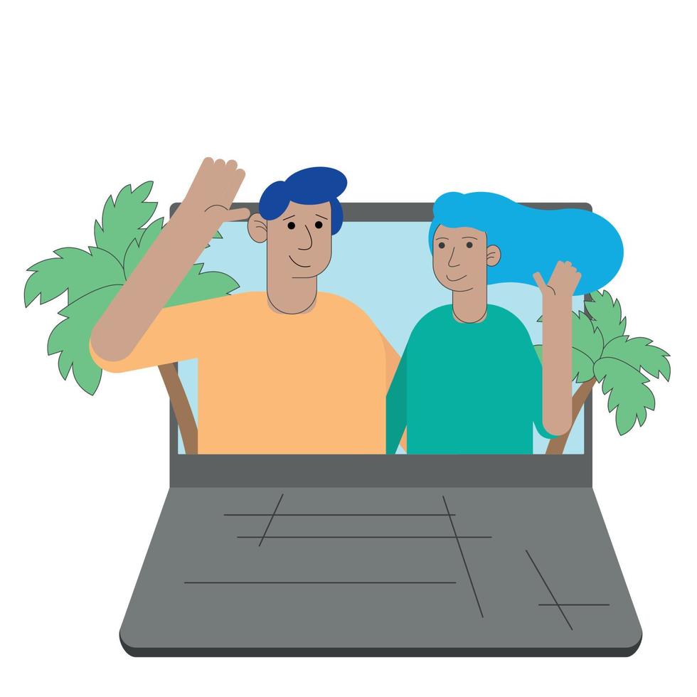 Guy and girl raised their hands in greeting, couple on laptop screen, flat vector, isolate on white background vector