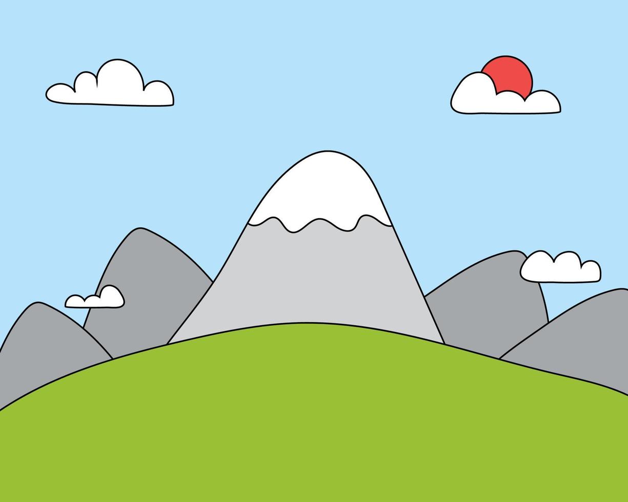 Cute cartoon vector design. View of many hills and mountains with a good weather day in summer time.