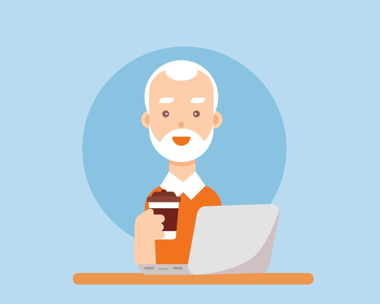 A happy old man is drinking hot cup of coffee with his laptop. Cartoon vector style for your design.